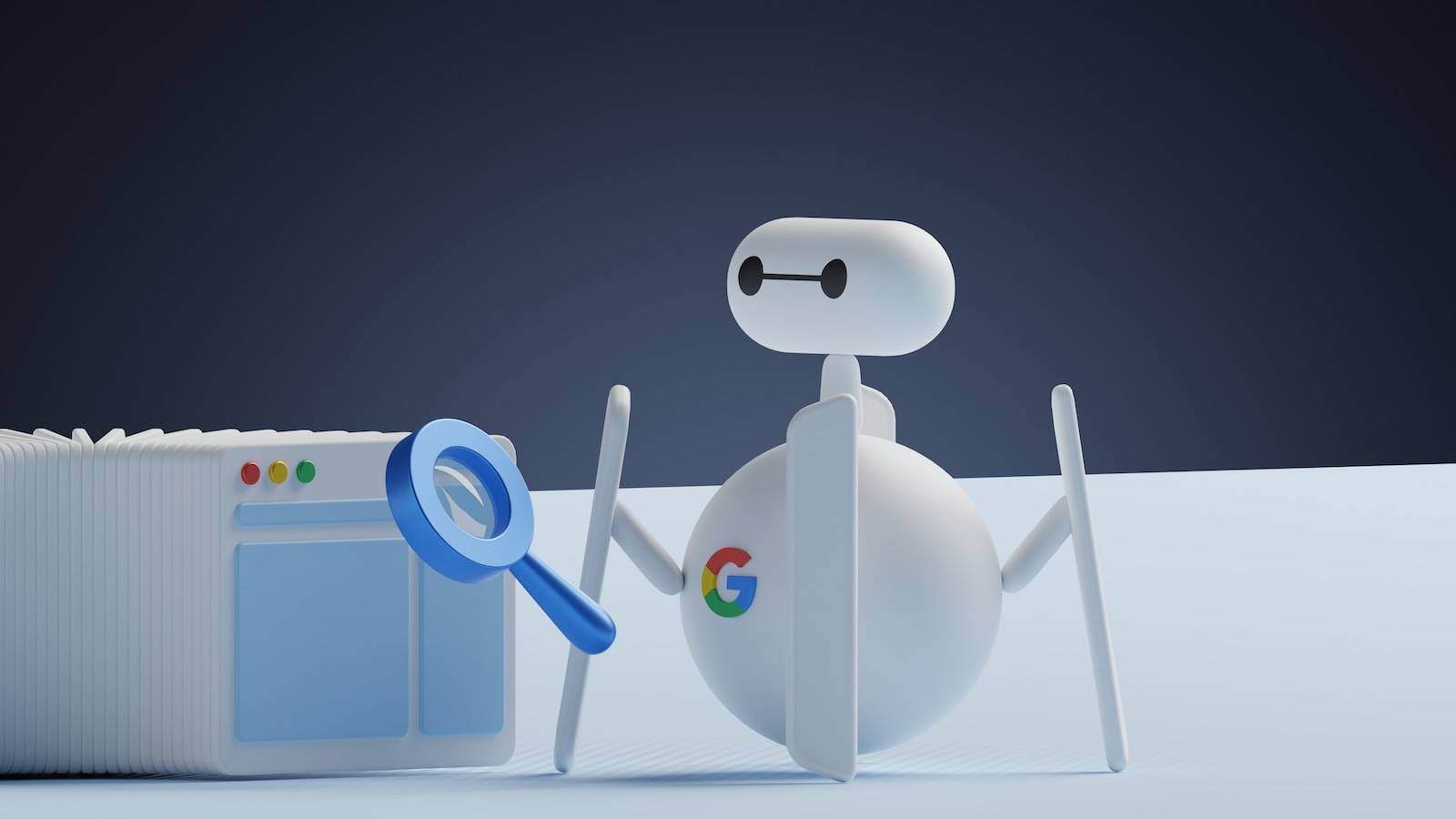 seo a white robot holding a magnifying glass next to a white box